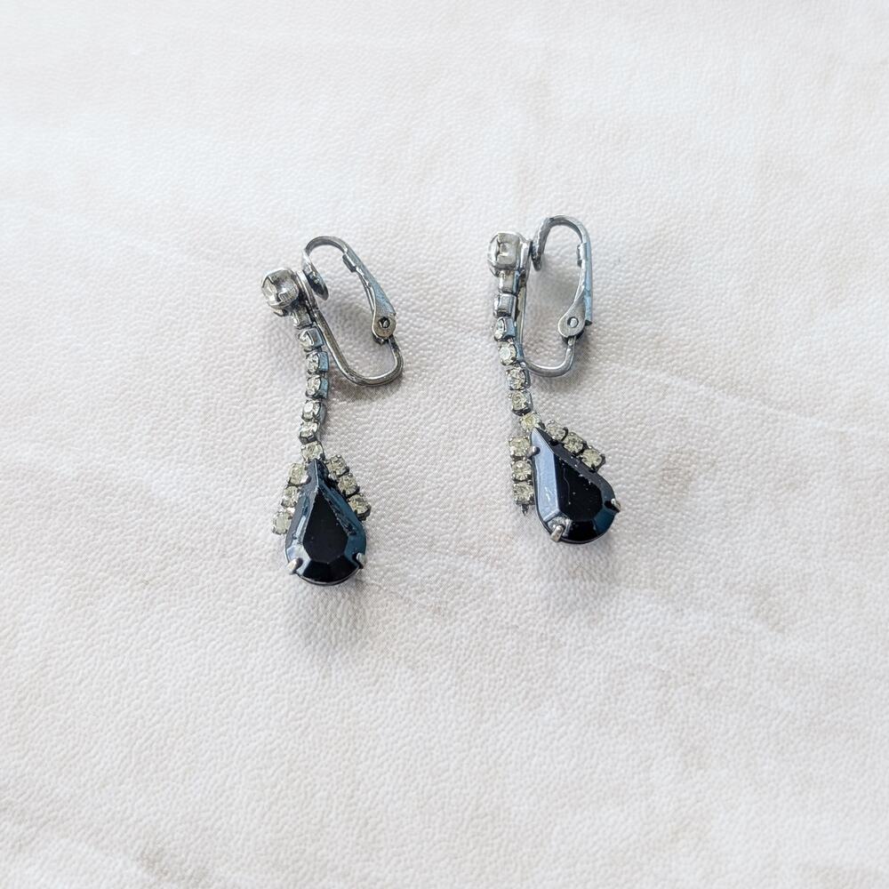 Vintage Clip On Earrings Clear Gems with Black Gem Drop Dangle Regal Stylish